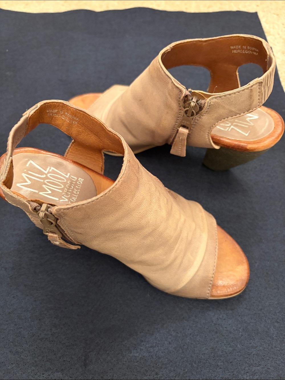 Miz Mooz Blush Tan Peep-Toe Cutout Block Heel Sandals - Picture 5 of 5